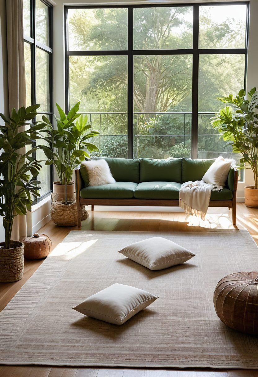 A serene family scene in a cozy home with sunlight streaming through large windows, featuring a family practicing yoga together on a soft rug. Surroundings filled with plants and calming decor symbolize mindful living, while soft cushions and organic textures enhance warmth and comfort. Vibrant colors highlight a sense of well-being and tranquility. super-realistic. warm tones. natural light.