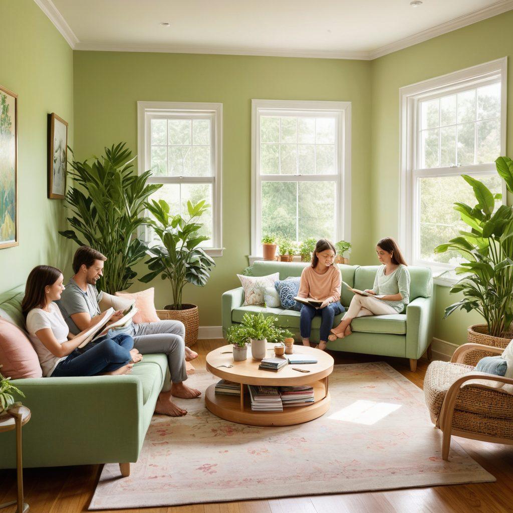 A warm, inviting family scene in a sunlit living room, showcasing parents and children engaged in mindful activities together, such as reading, crafting, and sharing stories. The atmosphere exudes love and connection, with various family photos adorning the walls,green plants for a touch of nature, and soft, cozy furniture. Soft pastel colors enhance the sense of calm and nurturing, creating a holistic ambiance. illustration. soft pastels. cozy atmosphere.