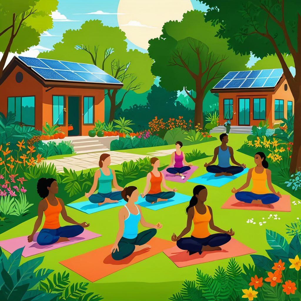 A diverse group of people engaged in various wellness activities, such as yoga and meditation, in a lush green park setting. Incorporate elements of eco-friendly living, like solar panels and vegetable gardens in the background. Include colorful illustrations of wellness products and organic foods scattered throughout the scene, emphasizing community connection and support. bright colors. vector art. organic style.